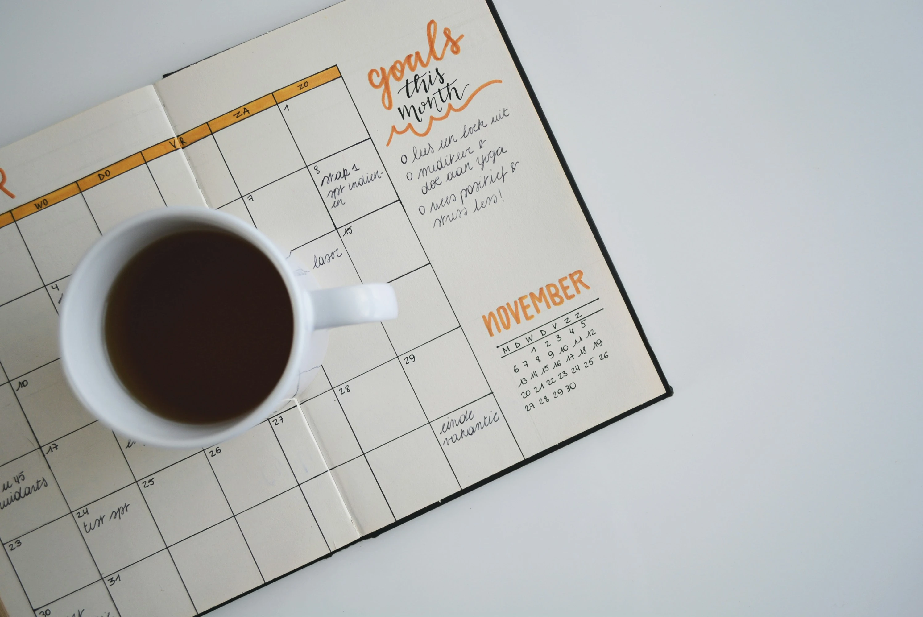 A hand-drawn calendar and monthly goals for November of a year that can't be easily determined from the image.